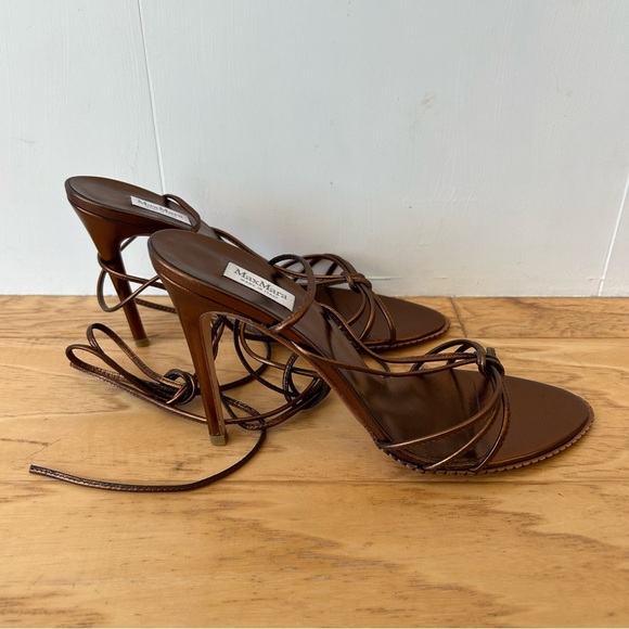 MaxMara Strappy Heeled Leather Sandals in Bronze 38 1/2 or 8.5  Ankle Wrap Ties - Picture 3 of 6